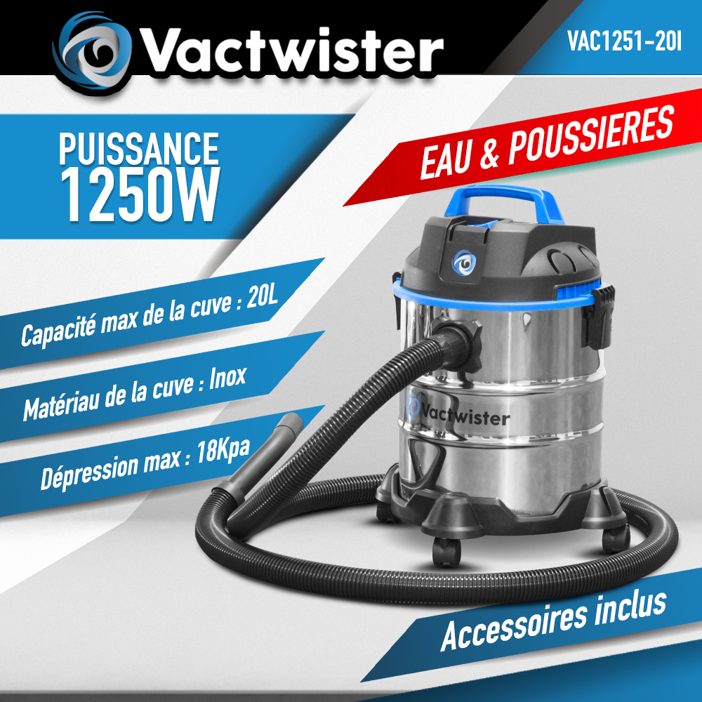 Aspirateur eau et poussières 1250W - 20L plastique - 18 Kpa avec